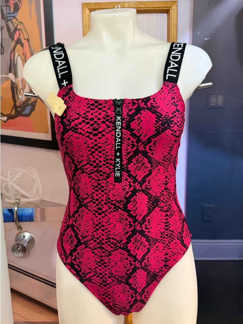 Kendall & Kylie Hot Pink and Black Snake-Print One-Piece Swimsuit